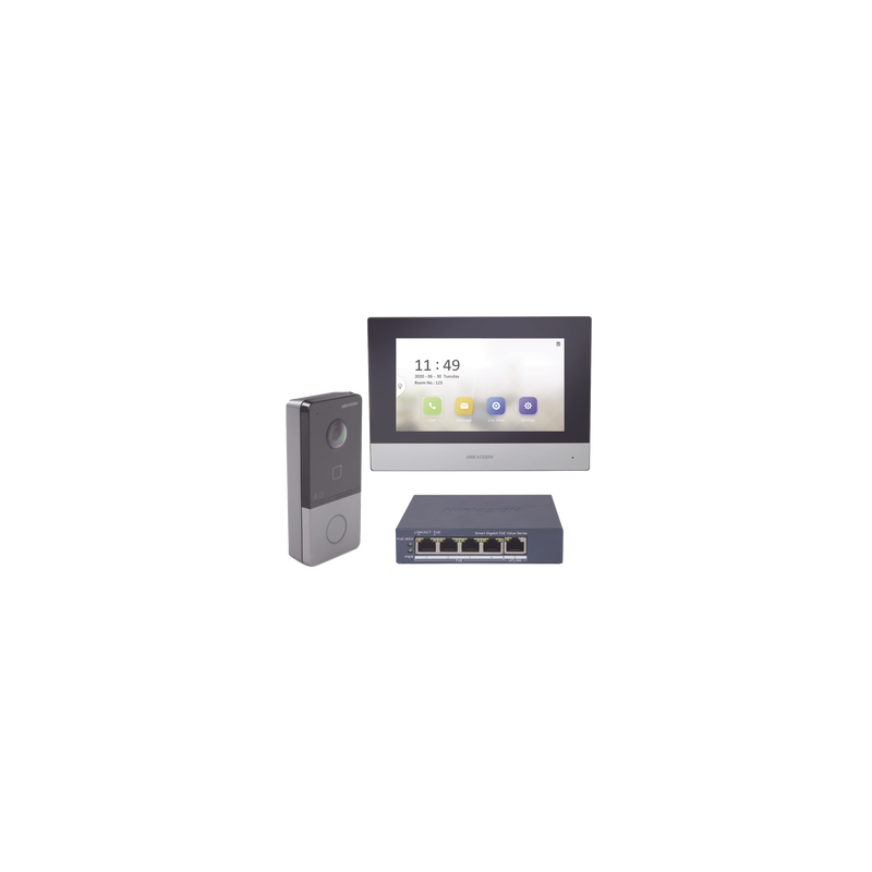 Kit de Videoportero IP + Switch Poe Poe Estandar con llamada a App de Smartphone (HikConnect) / Apertura con tarjeta MIFARE / Frente de calle IP65 / Soporta 1 Departamento