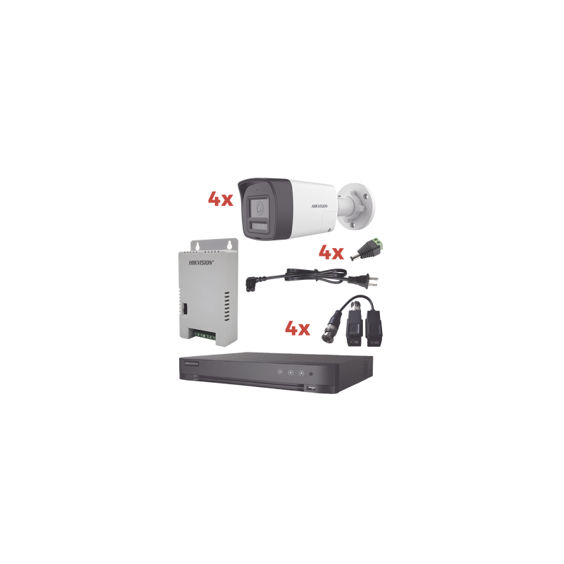 Kit Audio Bidireccional TurboHD 1080p / DVR 4 Canales / 4 Cámaras Bala (Exterior) con Bocina y Microfóno Integrado / 1 Fuente de Poder / Accesorios