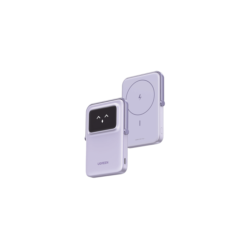Power Bank Inalambrico | 5000mAh | 7.5W  |  Con Emojis de Estado | Carga Rápida USB-C Bidireccional  | Pantalla TFT  Inteligente | 13 niveles de Proteccion | Con Holder | Color Purple.