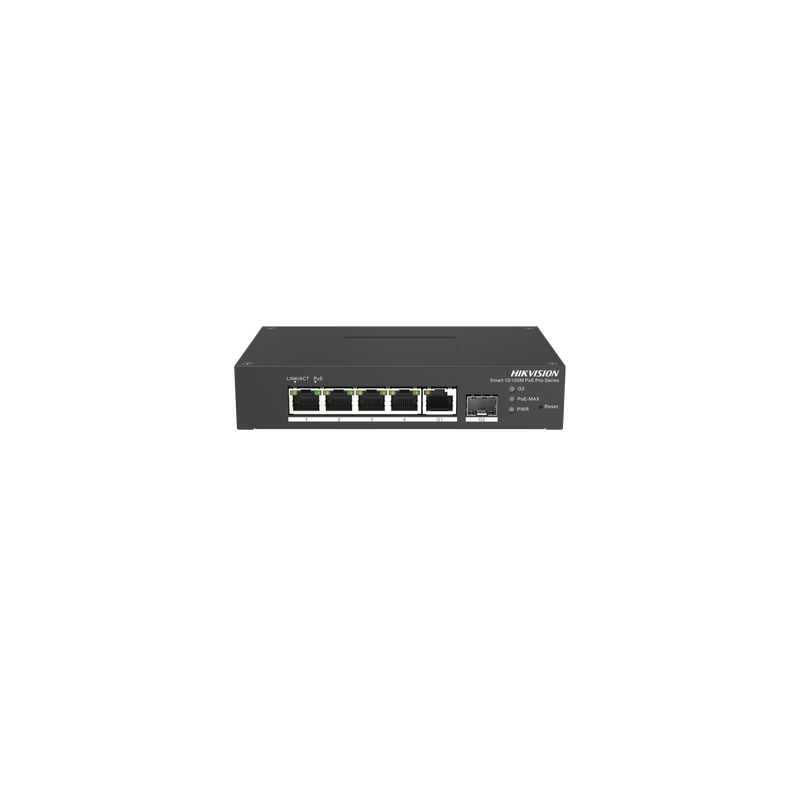Switch PoE+ Industrial de Escritorio / Administrable / 4 Puertos 10/100 Mbps PoE+ / 1 Puerto 1000 Mbps Uplink / 1 Puertos SFP  /  Configuración Nube Hik-PartnerPro / Modo Extendido hasta 300 Metros / 60 Watts