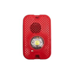 Sirena con Lámpara LED Estroboscópica / a 2 Hilos / Montaje en Pared / 16 a 24 Vcd / Configuración Estroboscópica Seleccionable / Texto en Inglés / Color Rojo / Uso exterior