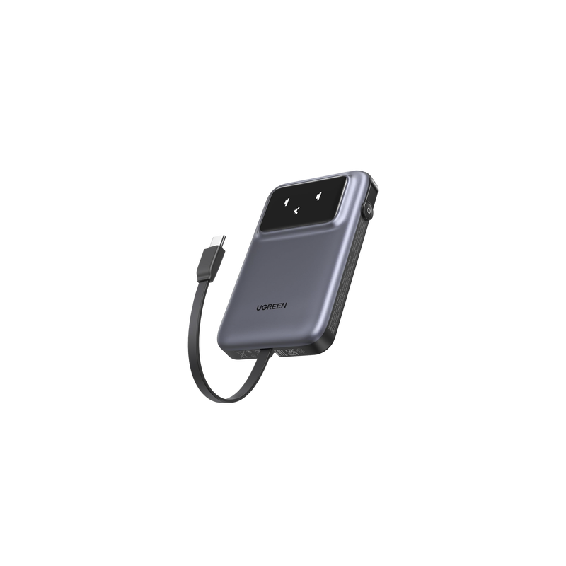 Power Bank Serie Uno |  10000mAh | 30W |  con Cable USB-C Incorporado | 2 Salidas 30W Max. | Pantalla Inteligente | Carcasa Ignifuga | Aprobado por Aerolíneas.| Color Grey.