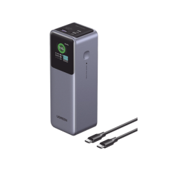 Power Bank de 12000mAh | 3 Salidas 100W Max. | USB-A + 2 USB-C | PD 3.0 | QC3.0 | FCP | SCP | Pantalla Inteligente | Carcasa Ignifuga | Color Gris | Incluye Cable USB de 50cm | Carga tu Laptop de Manera Segura.