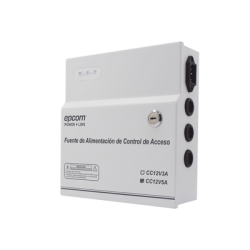 Fuente de Alimentación / 1 Salida 11-15 Vcc /  5 A / Temporizador Integrado / Con Capacidad de Batería de Respaldo / Requiere Batería / Aplicaciones en sistemas de control de Acceso 