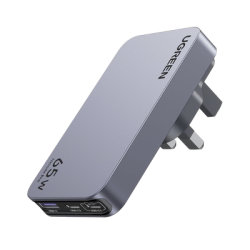 Cargador rápido de viaje GaN de 3 puertos y 65 W con enchufes de EE. UU., Reino Unido y UE.