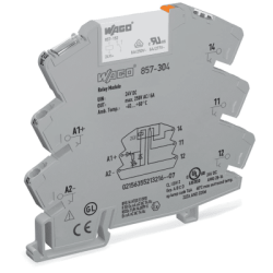 Módulo con Relé WAGO 857-304 / Tensión Nominal 24 VCC / 1 Inversor / Corriente Permanente Límite 6 A / Indicador de Estado LED Amarillo / Ancho de Montaje 6 mm / Material Poliamida (PA 66) / IP20 / Aislamiento Reforzado