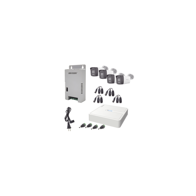 Kit HiLook Audio Bidireccional TurboHD 1080p / DVR 4 Canales / 4 Cámaras Bala (Exterior) con Bocina y Micrófono Integrado / 1 Fuente de Poder / Accesorios