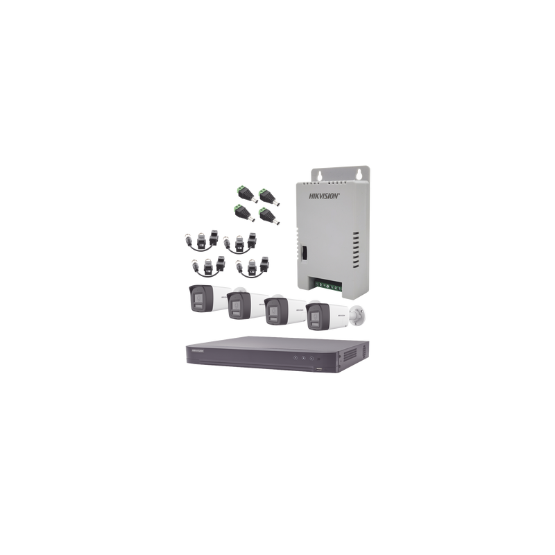 Kit Audio Bidireccional TurboHD 4K-3K / DVR 4 Canales 4K / 4 Cámaras Bala (Exterior) con Bocina y Microfóno Integrado 3K / 1 Fuentes de Poder / Accesorios