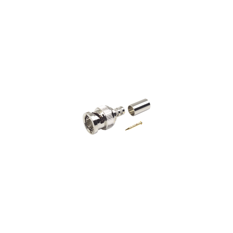 Conector BNC Macho en 75 Ohm, Anillo Plegable para Coaxial 8279, RG-59/U, Níquel/ Oro/ Teflón.